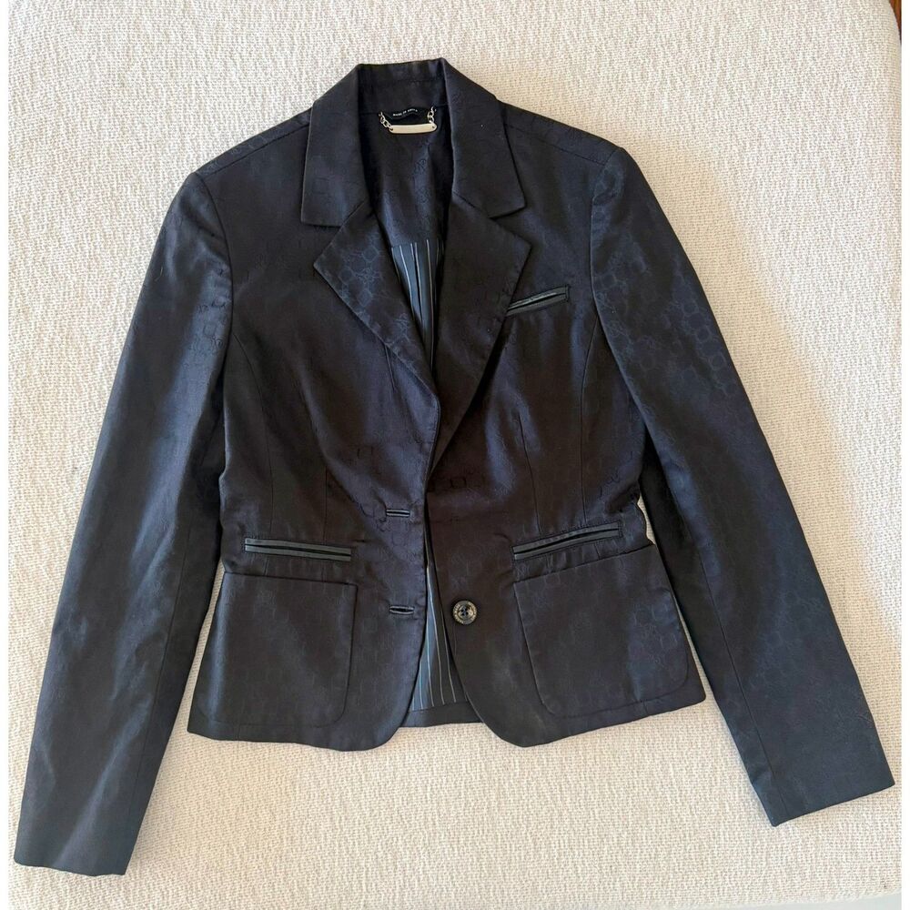 Rock & Republic Black Logo Jacquard Blazer Jacket Size 4 Missing Button